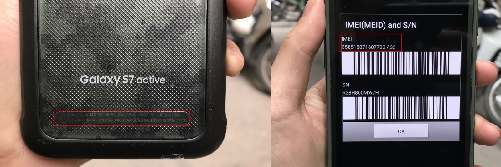 imei trong và sau lưng máy Galaxy S7 Active Xách Tay phải trùng nhau